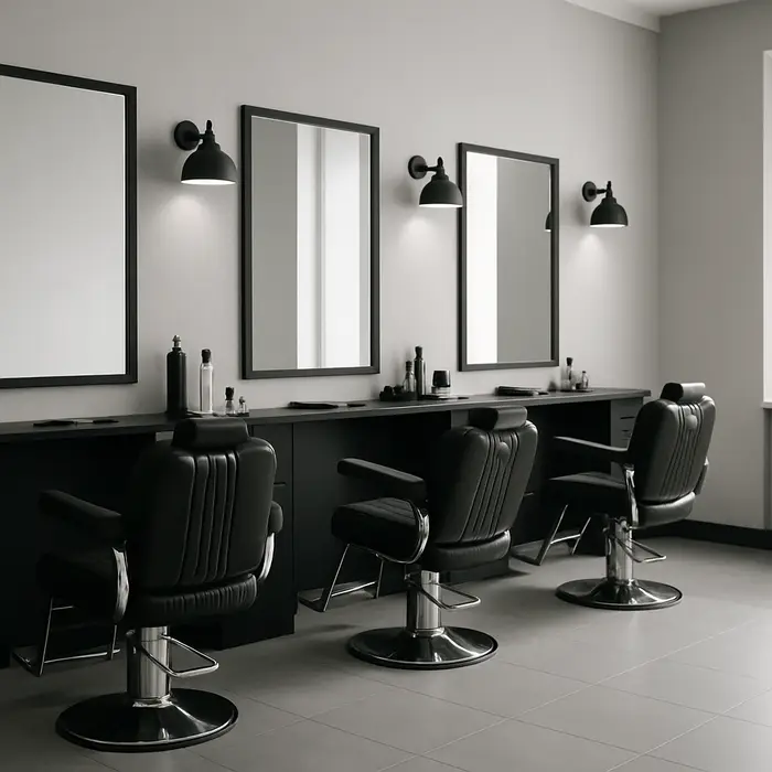 Imagen ilustrativa: estaciones de barbero con espejos y sillas negras.